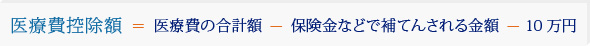 医療費控除額	＝ 医療費の合計額 － 保険金などで補てんされる金額 － 10万円